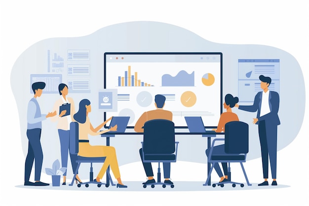 a cartoon of people working in a meeting room with a chart showing graphs and charts