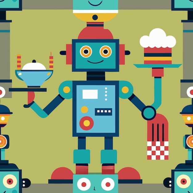 A cheerful robot waiter serves a delicious meal