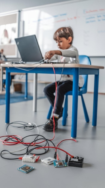 A child plugging cables to sensor chips while learning arduino coding and robotics
