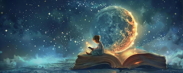 A child sitting on a bookshaped moon reading by the light of the stars above