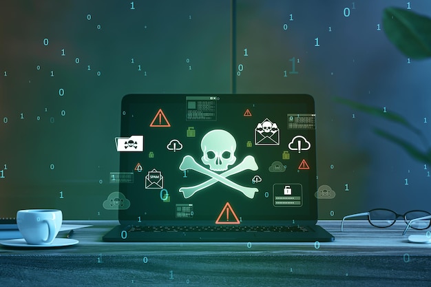 A chilling representation of cybersecurity threats with a skull symbol dominating a laptop screen amid warning icons