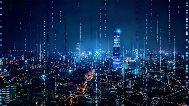 a city at night with the word quot blue quot on the bottom of the image
