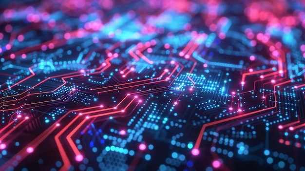 a close up view of a circuit board with red blue and green lights generative ai