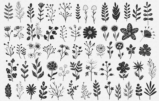 a collection of black and white flowers and plants