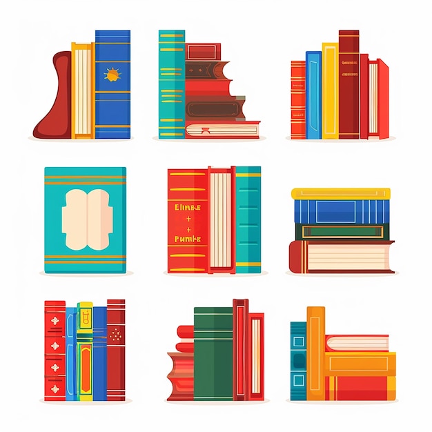 a collection of books with different colored books on them
