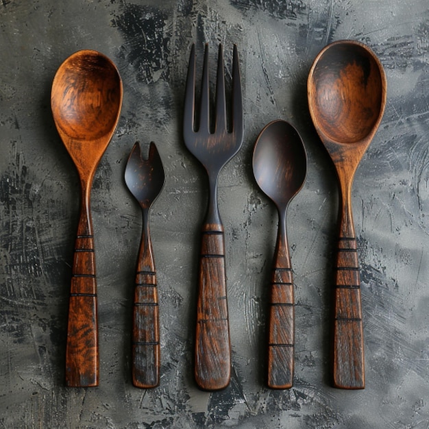 a collection of spoons and forks with a wooden spoon on the table