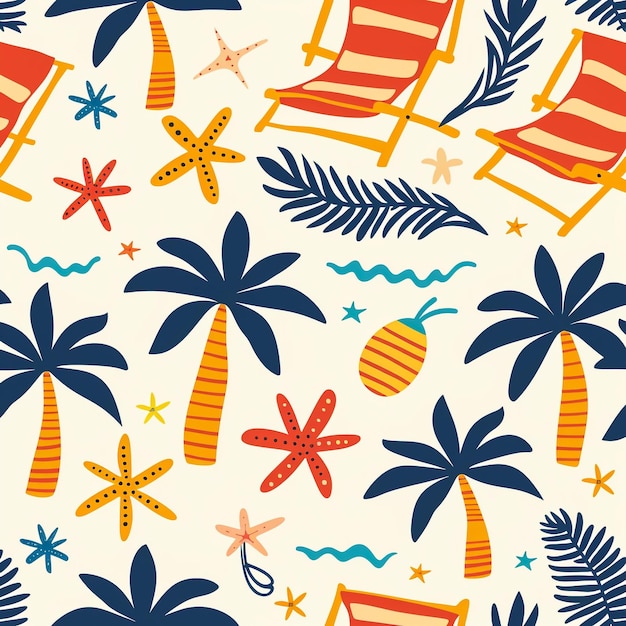 a colorful beach scene with chairs and palm trees