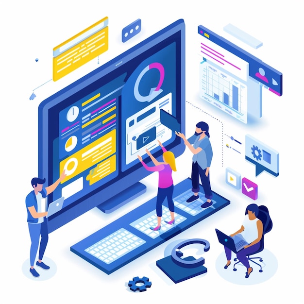 a colorful illustration of people working on a computer with a chart showing the time as 4 30