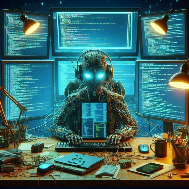 a computer screen with a robot on it and the word cyber on the screen