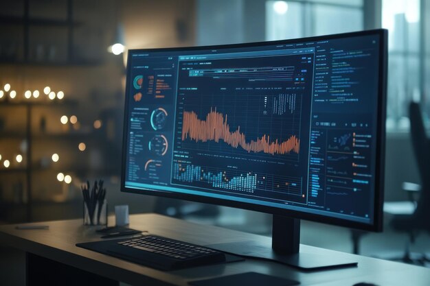 A Curved Desktop Monitor Displaying Data Analysis Graphs and Charts