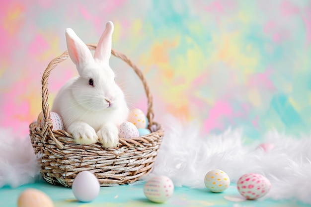 a cute bunny with colorful pastel easter eggs basket