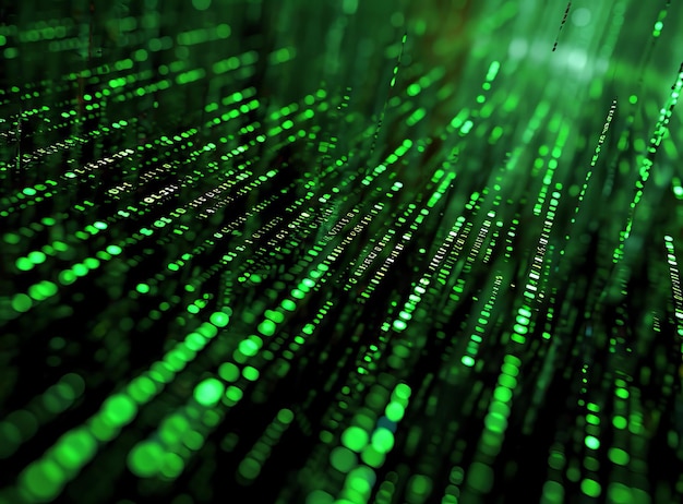 A dark room filled with glowing green pixels The pixels are all different shapes and sizes and they are all moving in different directions