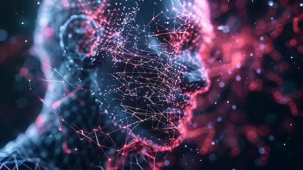A digital composite of a human face rendered in a glowing blue and pink color scheme