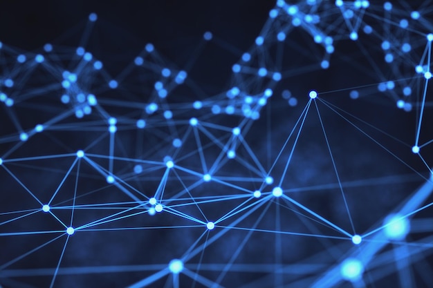 A digital network concept with glowing blue dots and connecting lines on a dark background symbolizing technology and data connections 3D Rendering