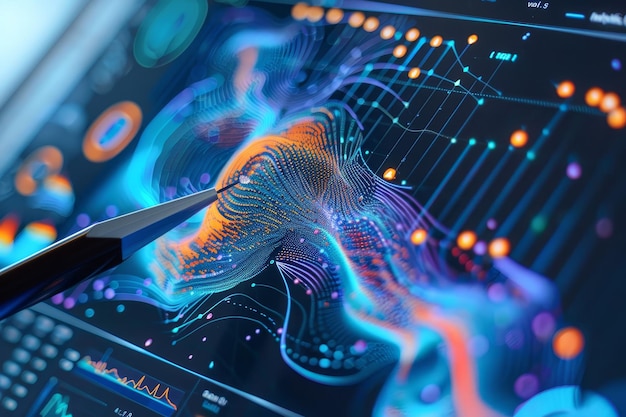 A digital pen interacts with a colorful 3D data visualization on a screen Visualizing complex data and statistics through interactive graphs and charts