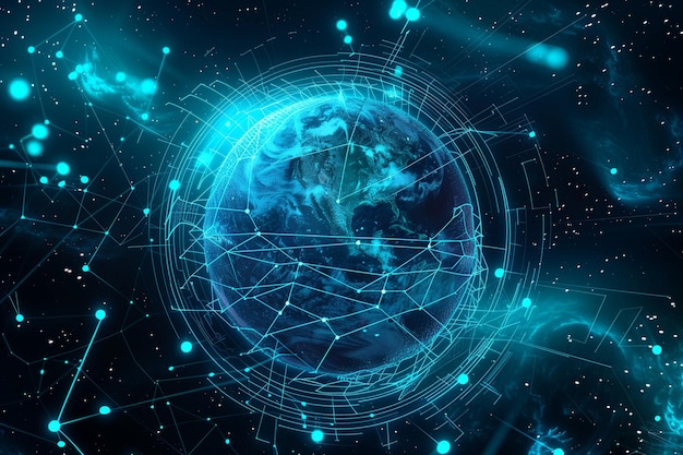a digital world map with a blue line and a world map