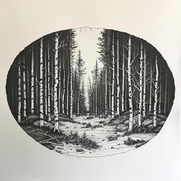 a drawing of a forest with a circle of trees in the background