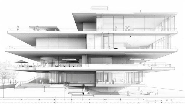 a drawing of a house that has a glass front and a balcony