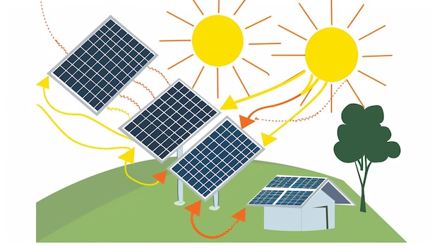 a drawing of a solar farm with the sun behind them