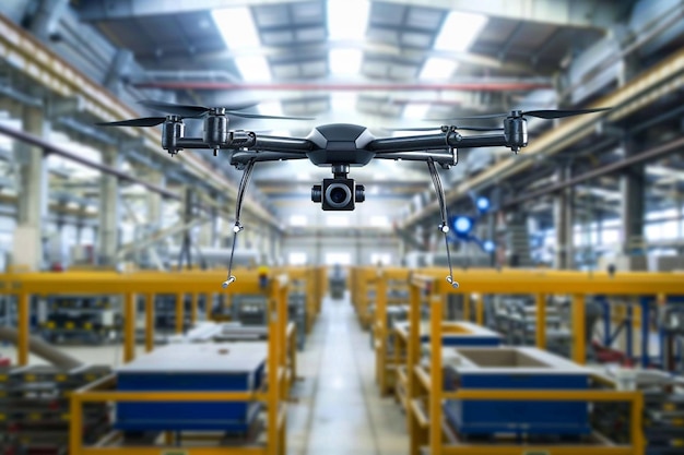 a drone with a camera attached to it is flying in a factory