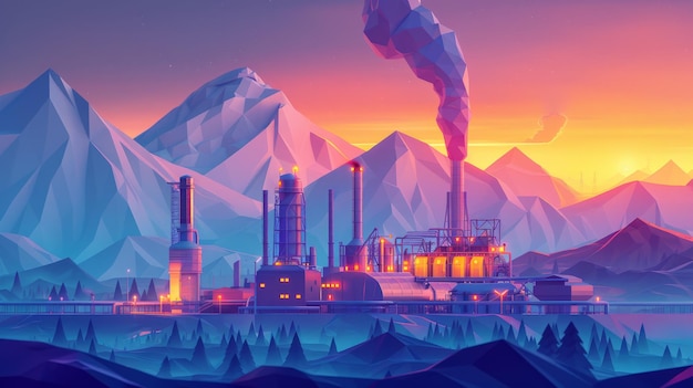 A factory with smoke coming out of it and mountains in the background The sky is orange and the moun