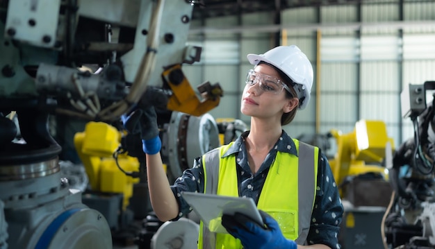 A female engineer installs a program on a robotics arm in a robot warehouse And test the operation before sending the machine to the customer