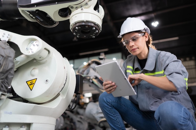 A female engineer installs a program on a robotics arm in a robot warehouse And test the operation before sending the machine to the customer
