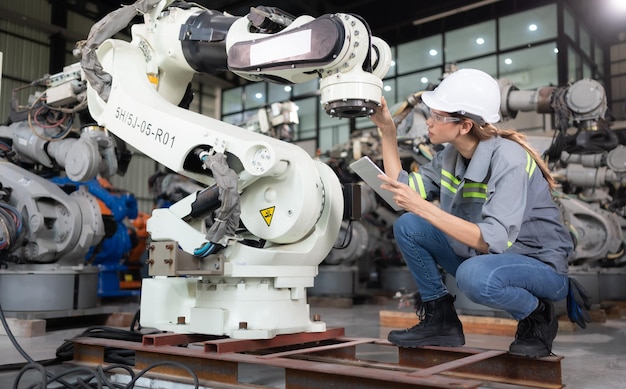 A female engineer installs a program on a robotics arm in a robot warehouse And test the operation before sending the machine to the customer