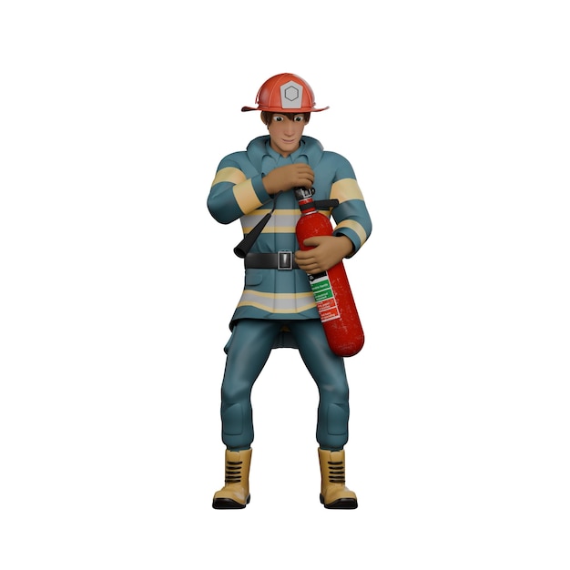 A firefighter is standing holding a light fire extinguisher as if is preparing to put out the fire