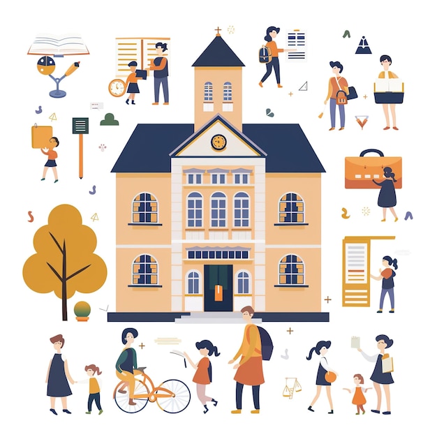 A flat corporate graphic illustration of a school building and a set of icons of people an icon
