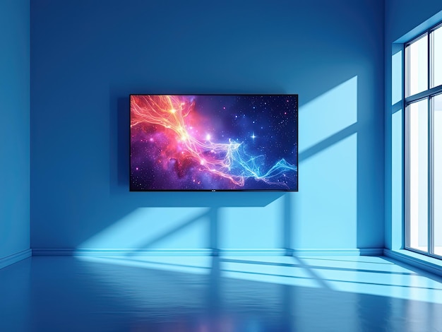 a flat screen tv is mounted on a blue wall
