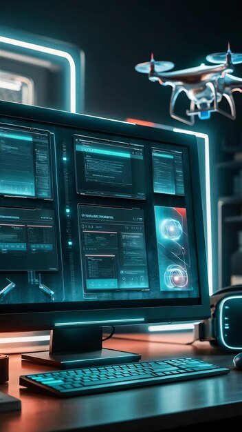 a futuristic computer interface display showing multiple windows with various data streams and app