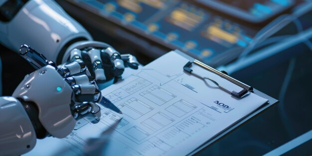 A futuristic robot arm is writing on a clipboard demonstrating advanced technology concepts AIG62