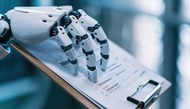 A futuristic robot arm is writing on a clipboard demonstrating advanced technology concepts AIG62