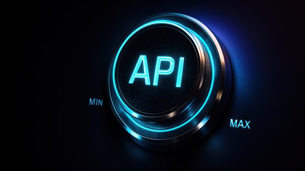 A glowing api dial pulses with neon accents highlights application programming interface in a cyberpunk inspired api programming design