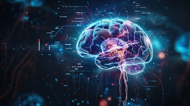 A glowing digital human brain with a dark blue background and abstract data