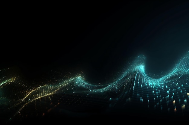 A glowing particle and binary wave pattern on dark background background with glowing lights