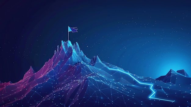 A glowing path leading to a mountain peak with a flag symbolizing success progress and achievement