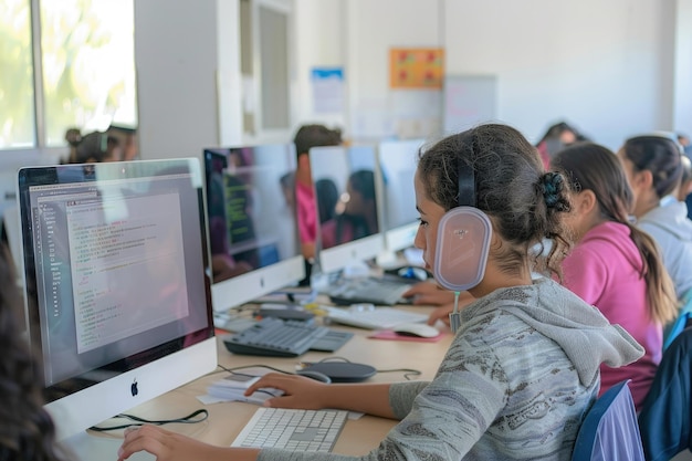 A group of children sitting at a desk with computers