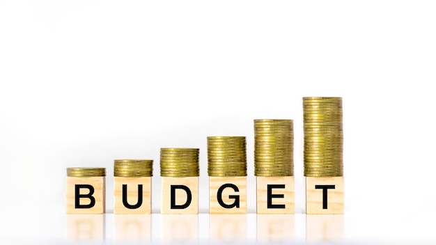 a growing stack of coin steps on a wooden block labeled budget on a white background, investment budget idea and annual budget.