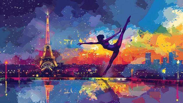 a gymnast performing a dismount with the eiffel tower visible rendered in vibrant vector graphics