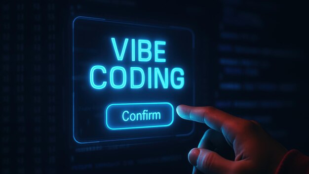 A hand reaches for a confirm button surrounded by code representing vibe coding low code coding programs in a futuristic design