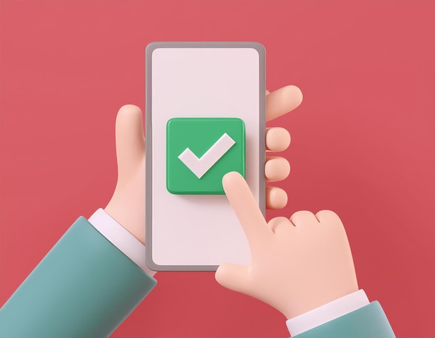A hand taps a green checkmark on a smartphone screen