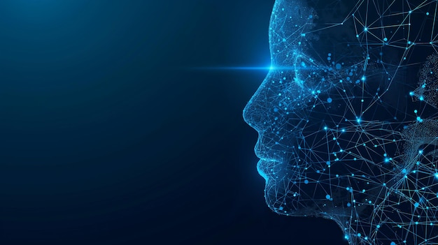 a head with a blue background of a human face and the words connected with a line of dots