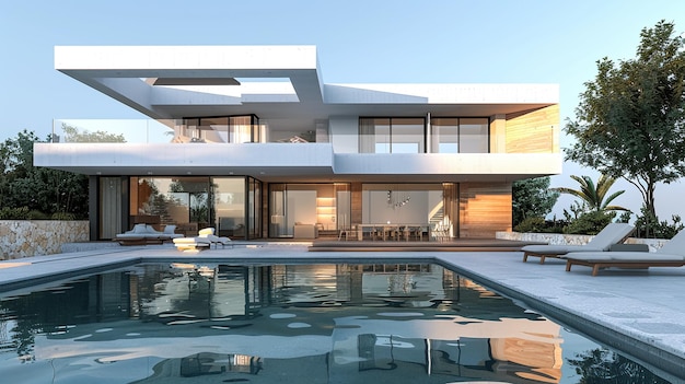 a house with a pool and a pool with a pool in the background