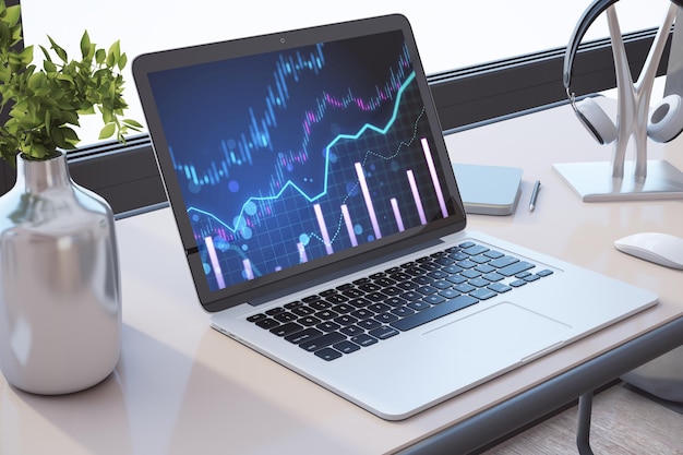 A laptop displaying forex trading charts on the screen set on a modern desk with a plant and headphones concept of financial market analysis 3D Rendering