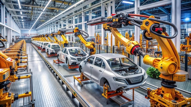 a line of cars that are in a factory