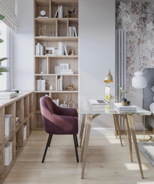 a living room with a chair and a table with a lamp on it