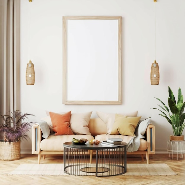 a living room with a couch and a picture frame on the wall