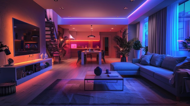 A living room with a couch coffee table and a TV The room is lit with neon lights giving it a modern and vibrant atmosphere